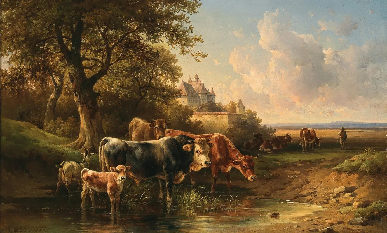 Cows Near A Watering Place In The Background A Castle