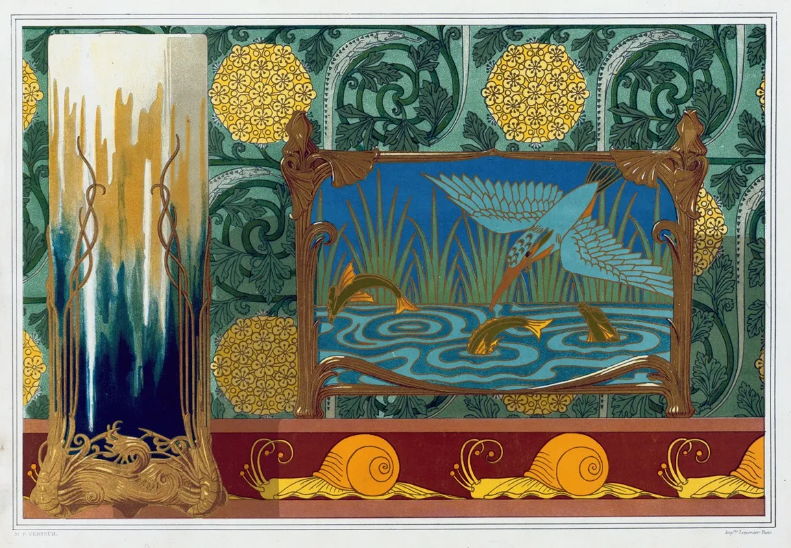 Crevettes Support En Bronze Pour Un Vase Martin Pecheur Et Poissons Jardiniere Bronze Et Email Cloisonne Wall Art by Maurice Pillard Verneuil - High-Resolution Digital Print