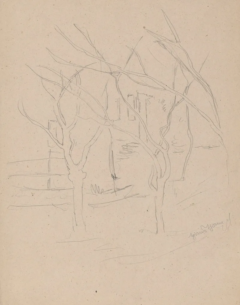 Crossing Tree Limbs Against The Background Of Rural Buildings