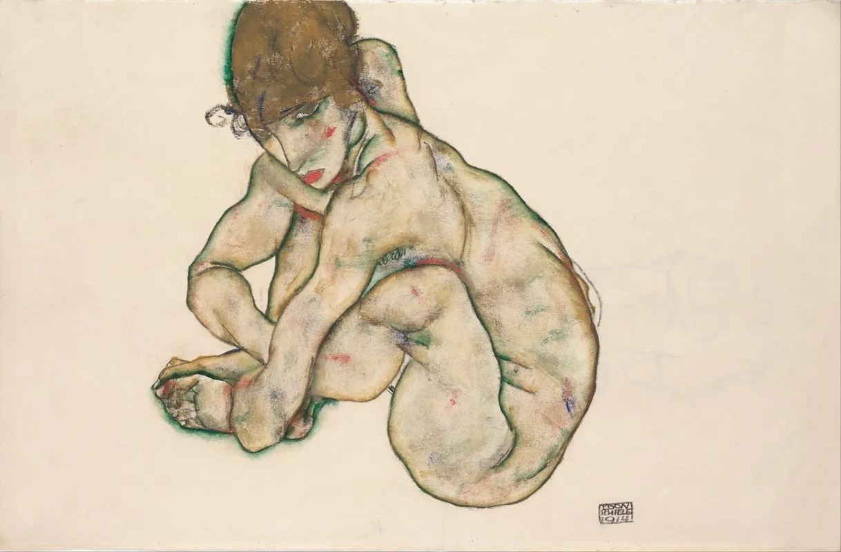 Crouching Nude Girl Wall Art by Egon Schiele - High-Resolution Digital Print
