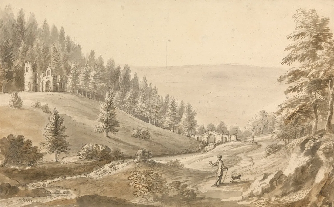 Crowcombe Court A Gentleman With His Dog Walking By The River Wall Art by Coplestone Warre Bampfylde - High-Resolution Digital Print