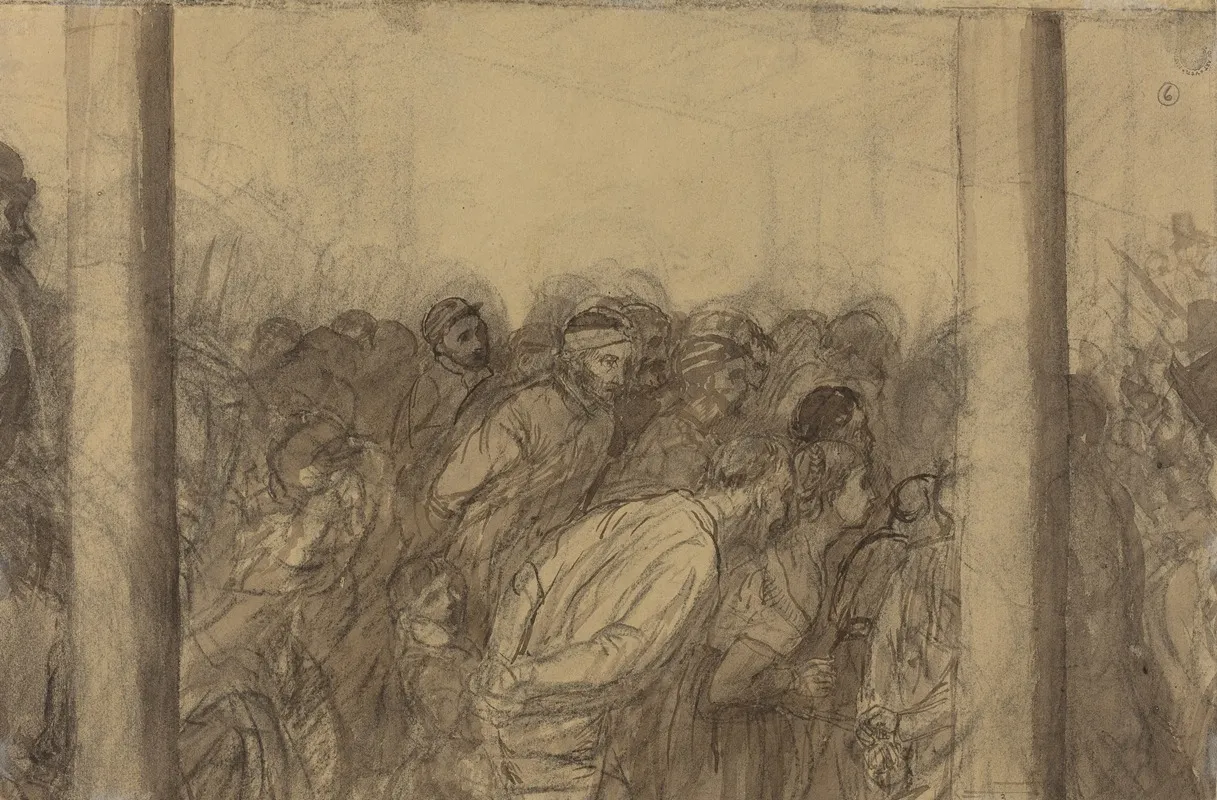 Crowd Of People Seen Between Two Columns Verso