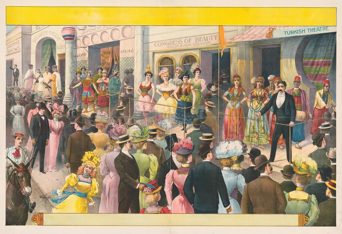 Crowds At A Circus Sideshow Viewing Women And Some Men Dressed In Costumes Of Foreign Lands Wall Art by Courier Litho. Co. - High-Resolution Digital Print