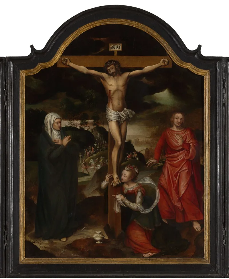 Crucified Christ With Mary John And Mary Magdalene Wall Art by Pieter Claeissens the elder - High-Resolution Digital Print