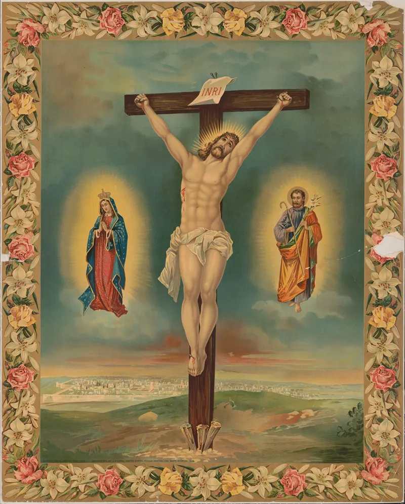 Crucifix With Saints And Flower Garland Frame Wall Art by Calvert Litho. Co - High-Resolution Digital Print