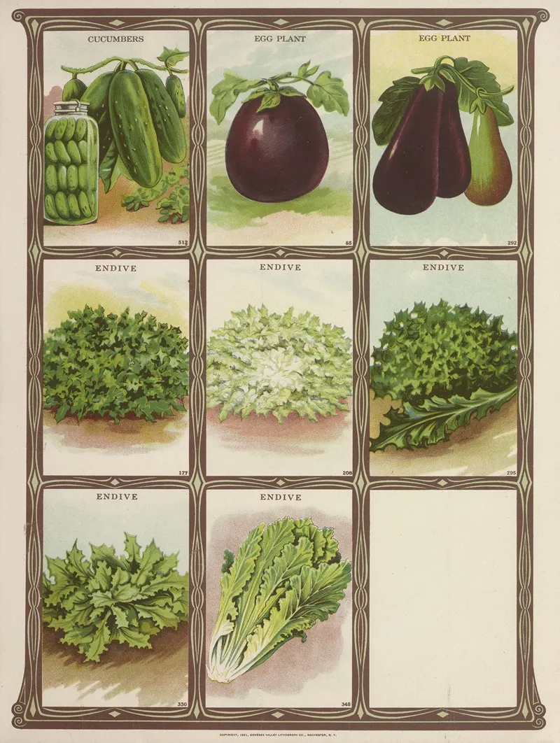 Cucumbers Egg Plant Endive Wall Art by Genesee Valley Lithograph Co. - High-Resolution Digital Print