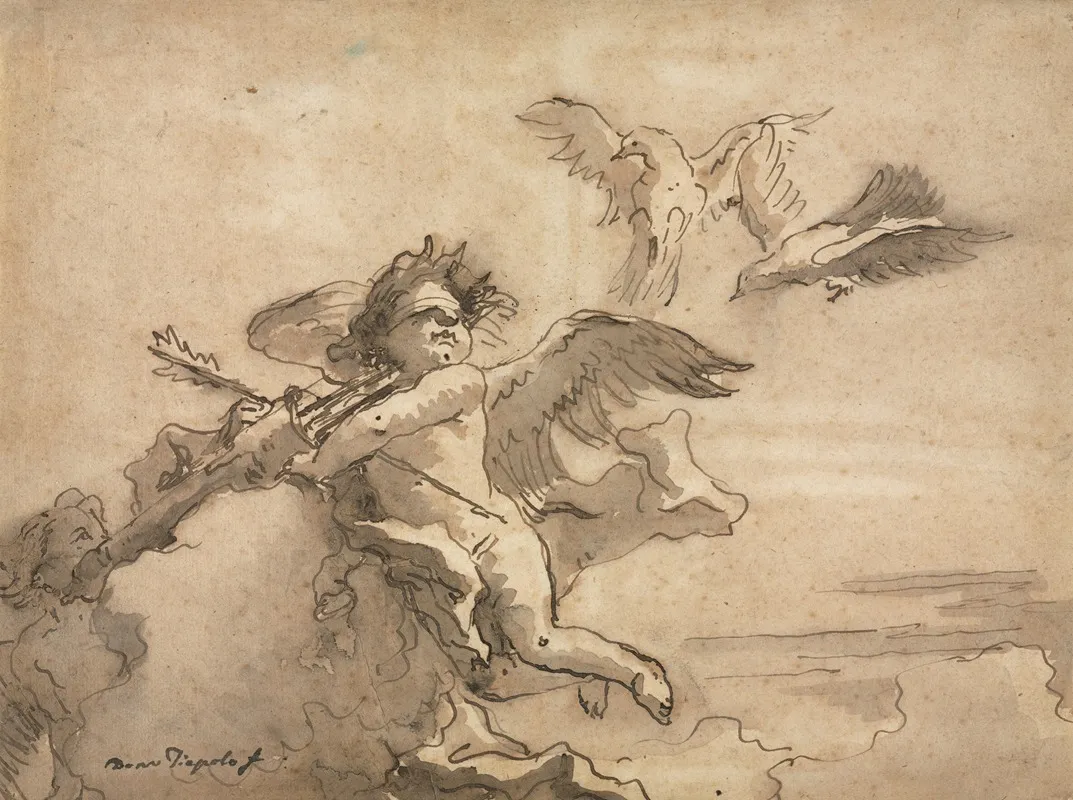 Cupid Blindfolded And Two Doves Wall Art by Giovanni Domenico Tiepolo - High-Resolution Digital Print