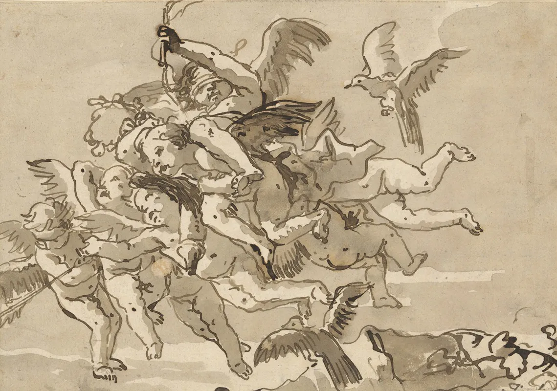 Cupid Blindfolded Carried Through The Sky By Seven Winged Putti Wall Art by Giovanni Domenico Tiepolo - High-Resolution Digital Print