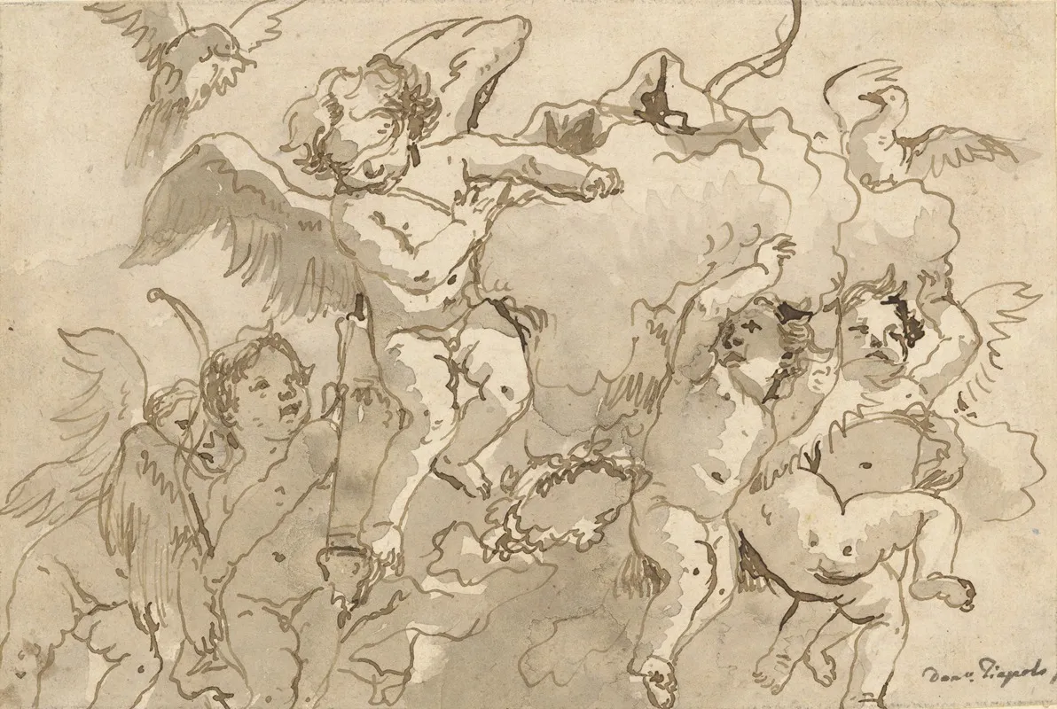 Cupid Blindfolded In The Clouds With Five Attendant Putti Wall Art by Giovanni Domenico Tiepolo - High-Resolution Digital Print