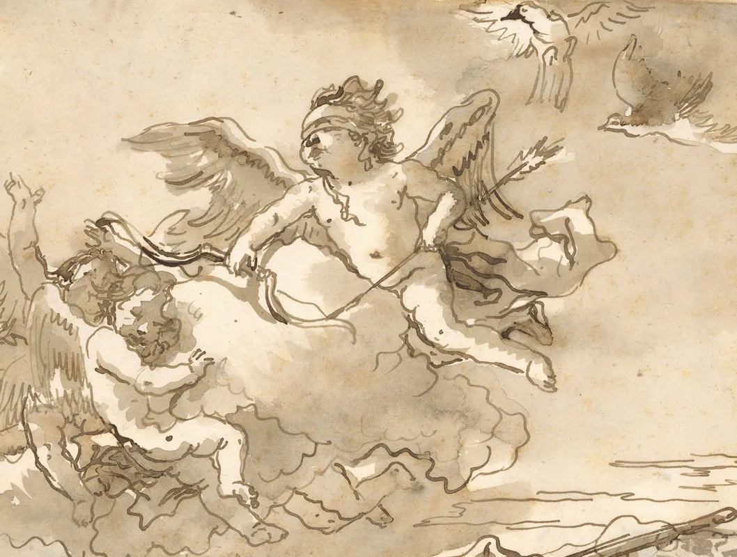 Cupid Blindfolded On A Cloud Supported By Two Attendant Putti