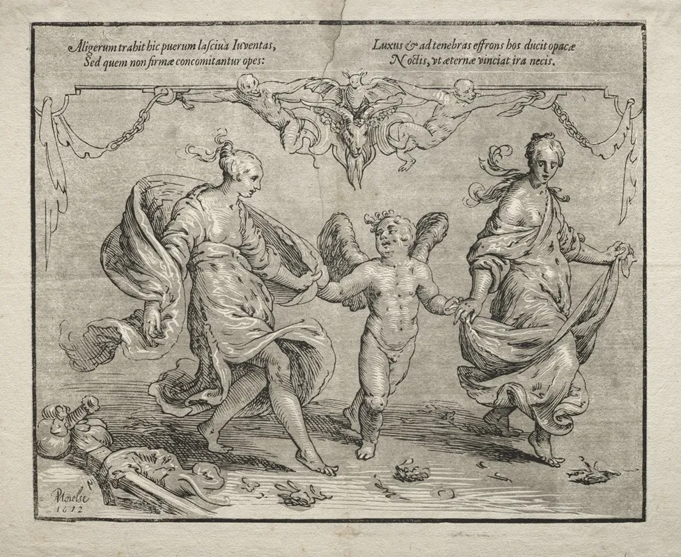 Cupid Dancing With Two Allegorical Women Wall Art by Paulus Moreelse - High-Resolution Digital Print
