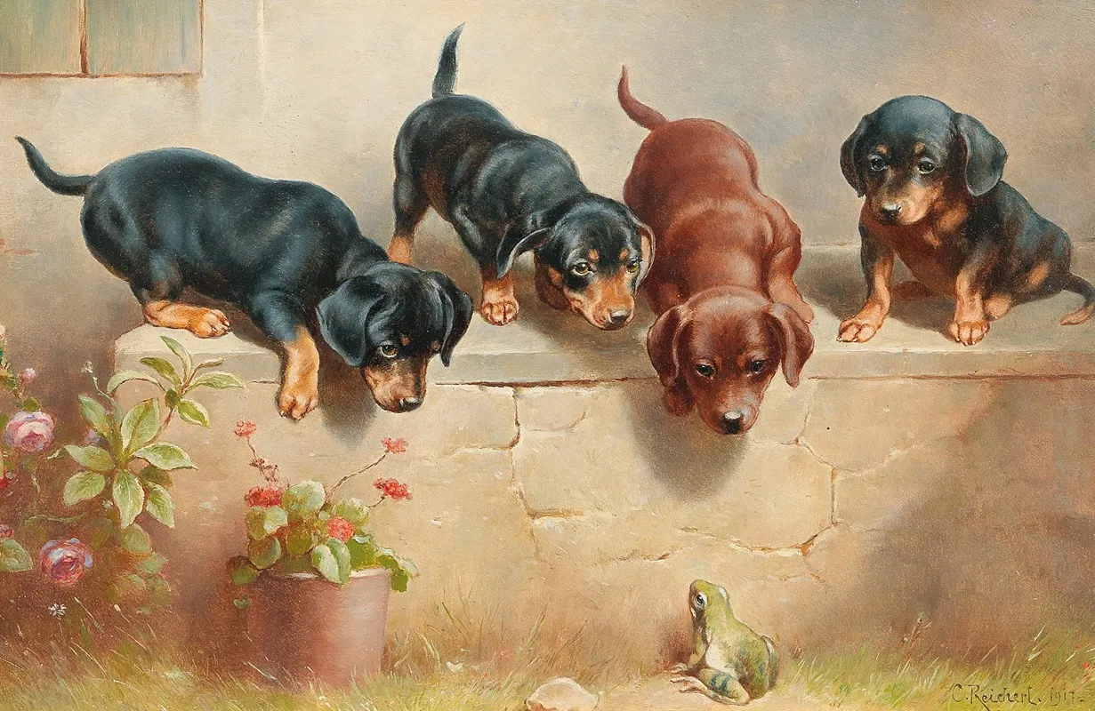 Curious Dachshund Puppies And A Frog Wall Art by Carl Reichert - High-Resolution Digital Print