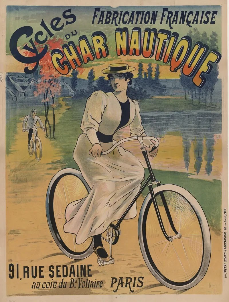 Cycles Du Char Nautique Fabrication Francaise 91 Rue Sedaine Au Coin Du Bd Voltaire Wall Art by lith. Henry Sicard & Farradesche - High-Resolution Digital Print