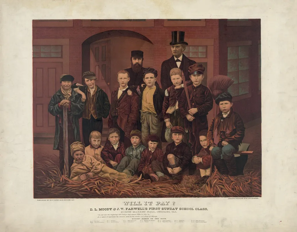D L Moody And J V Farwells First Sunday School Class North Market Hall Chicago Ill Wall Art by Ruehlow &amp; Co. Lith. - High-Resolution Digital Print