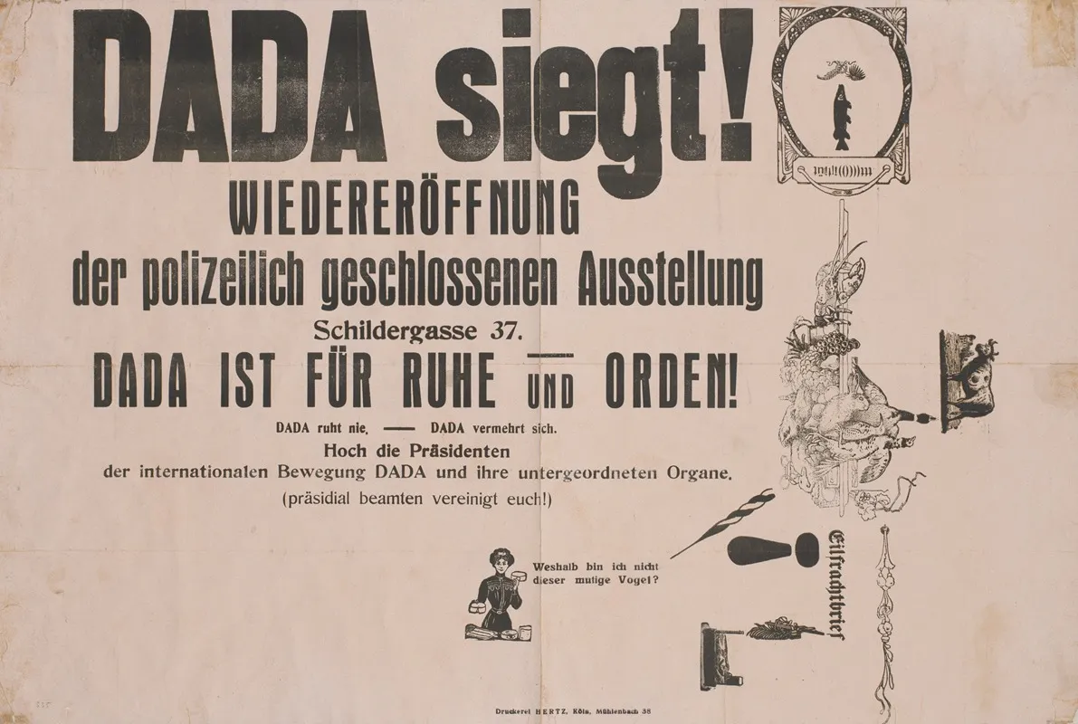 Dada Siegt Wiedereroffnung Der Polizeilich Geschlossenen Ausstellung Schildergasse 37 Wall Art by Max Ernst - High-Resolution Digital Print