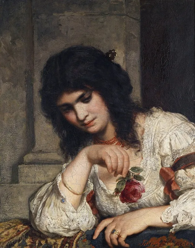 Dame An Der Brustung Mit Rose Wall Art by Julius Schrader - High-Resolution Digital Print