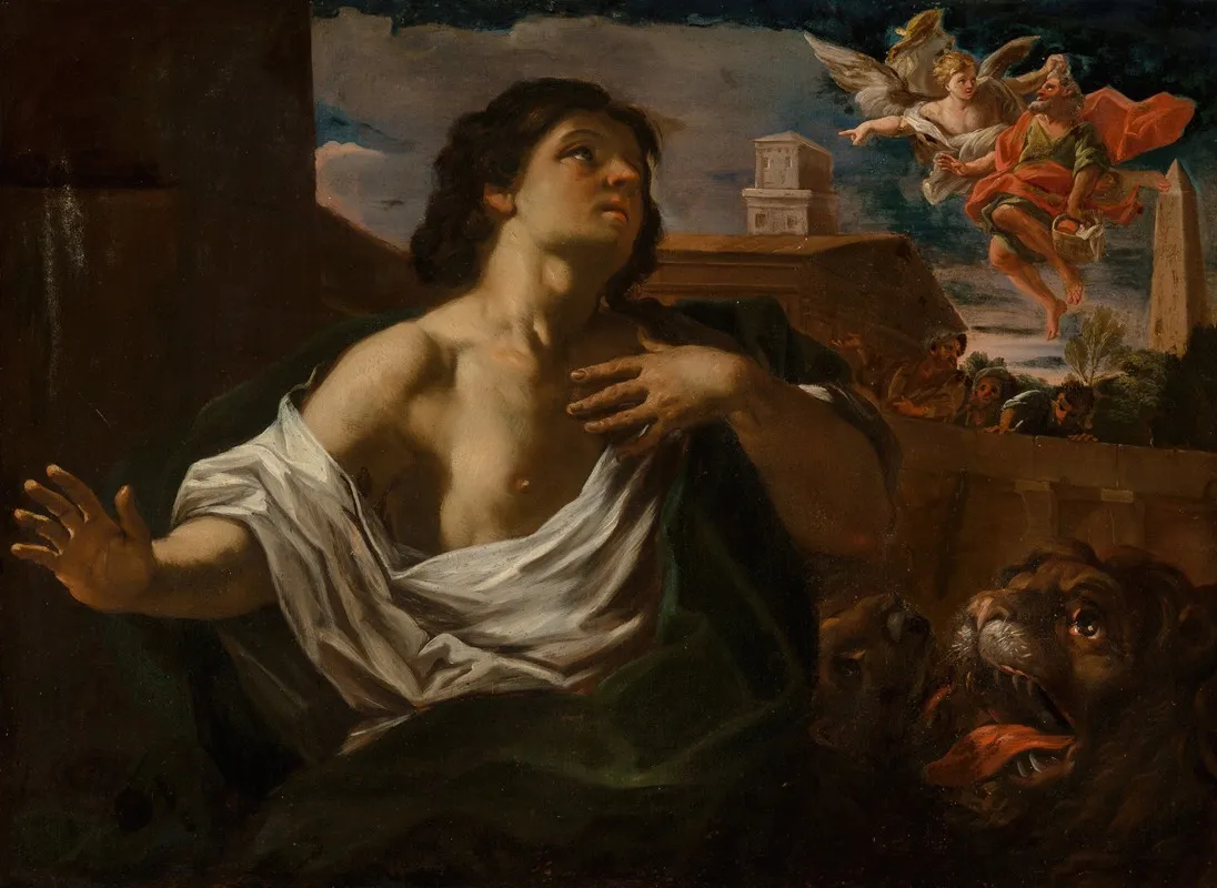 Daniel In The Lions Den With An Angel Bearing The Prophet Habakkuk Wall Art by Roman School - High-Resolution Digital Print