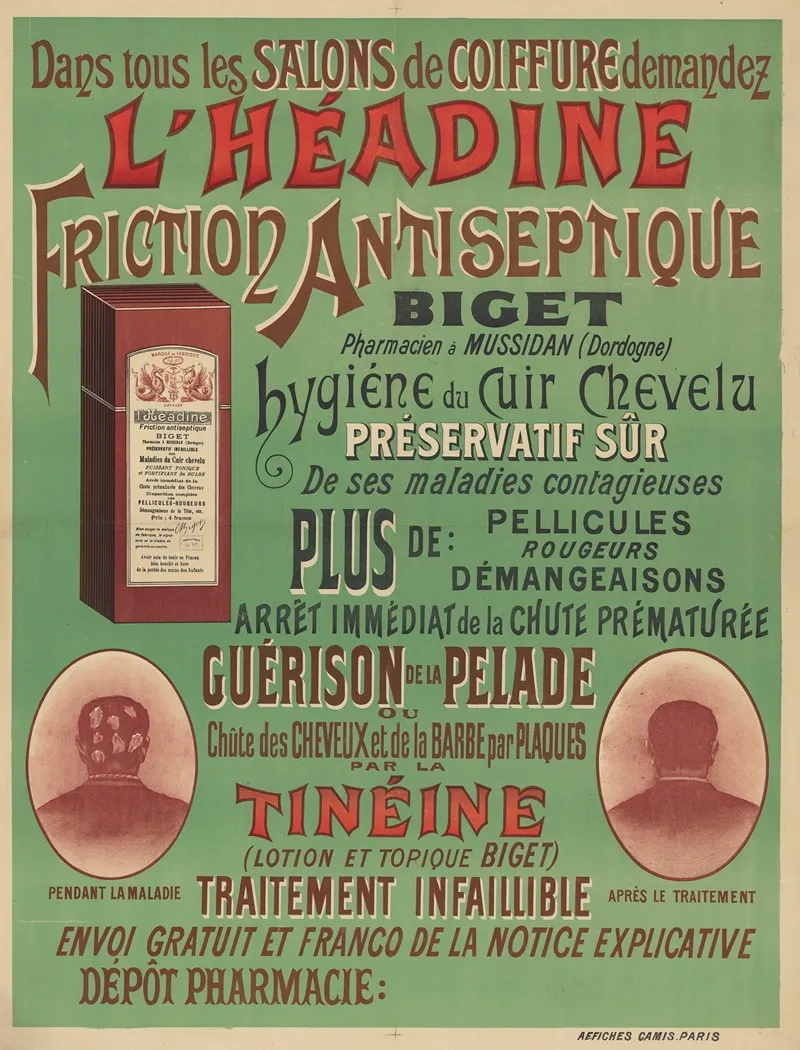Dans Tous Les Salons De Coiffure Demandez Lheadine Friction Antiseptique Biget Wall Art by Imp. Camis - High-Resolution Digital Print
