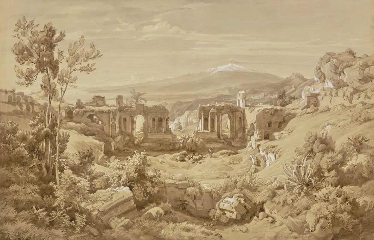 Das Antike Theater Von Taormina Im Hintergrund Der Rauchende Atna Wall Art by Eduard Wilhelm Pose - High-Resolution Digital Print