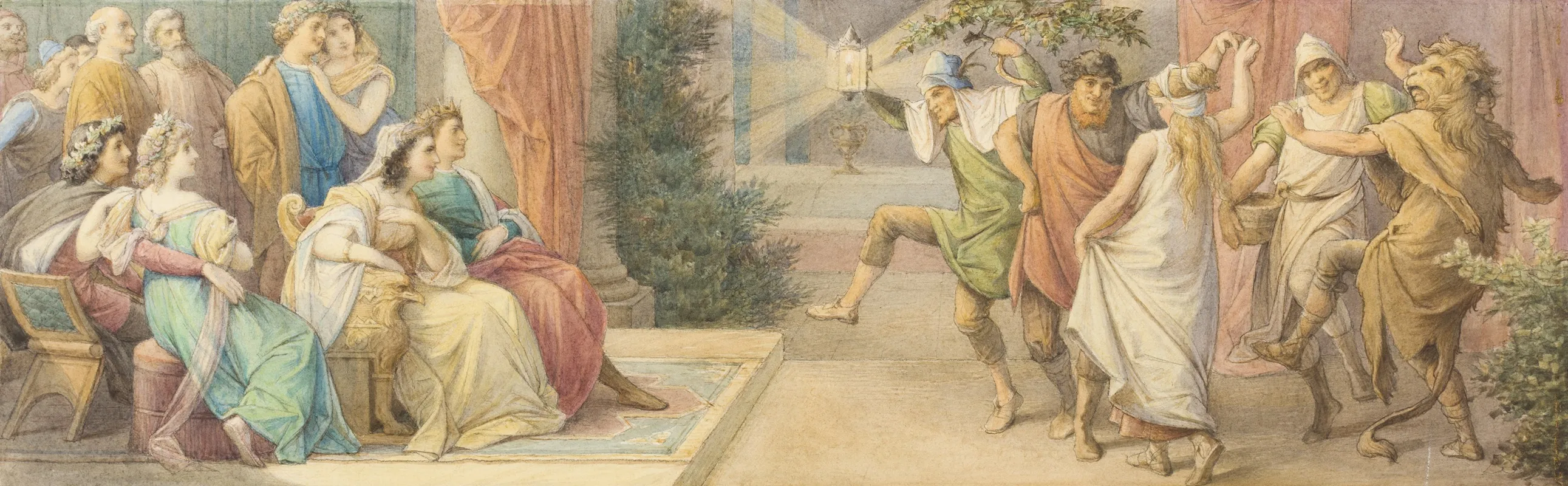 Das Herrscherpaar Theseus Und Hippolyta Die Brautpaare Demetrius Und Helena Sowie Lysander Und Hermia Verfolgen Das Von Den Handwerkern Dargebotene Schauspiel