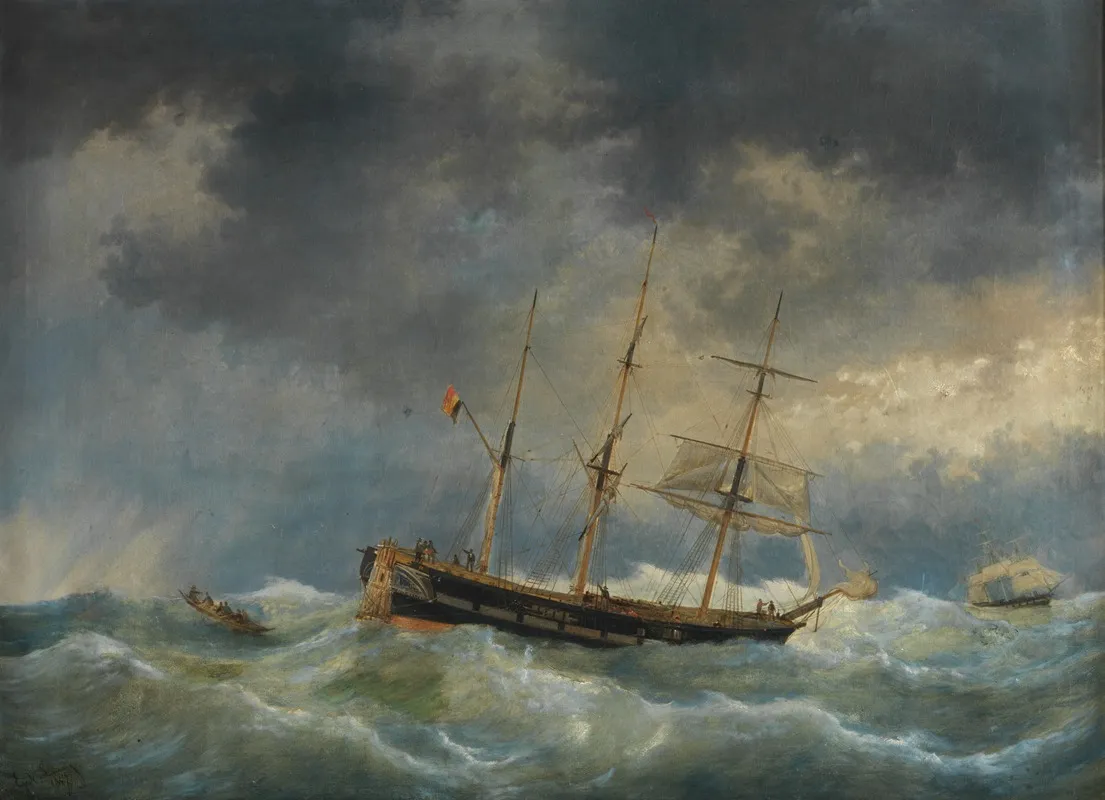 De Driemastbark Koophandel Op Stormachtige Zee Met Noodroer Wall Art by Egide Linnig - High-Resolution Digital Print