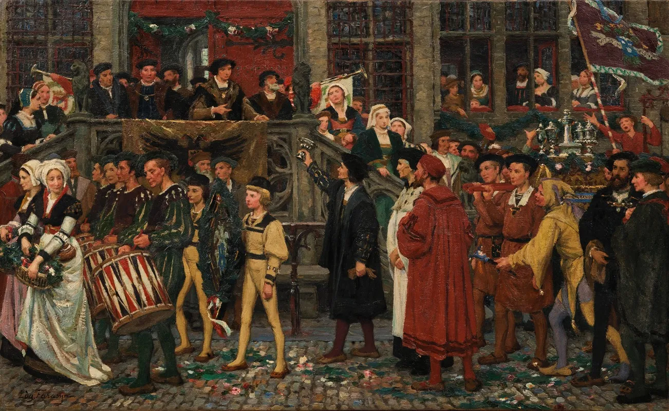 De Magistraat Begroet De Violieren Wederkerend Van Gent Origineel Ontwerp Voor Wandschildering In De Trapzaal Van Het Stadhuis Wall Art by Pierre Farasyn - High-Resolution Digital Print