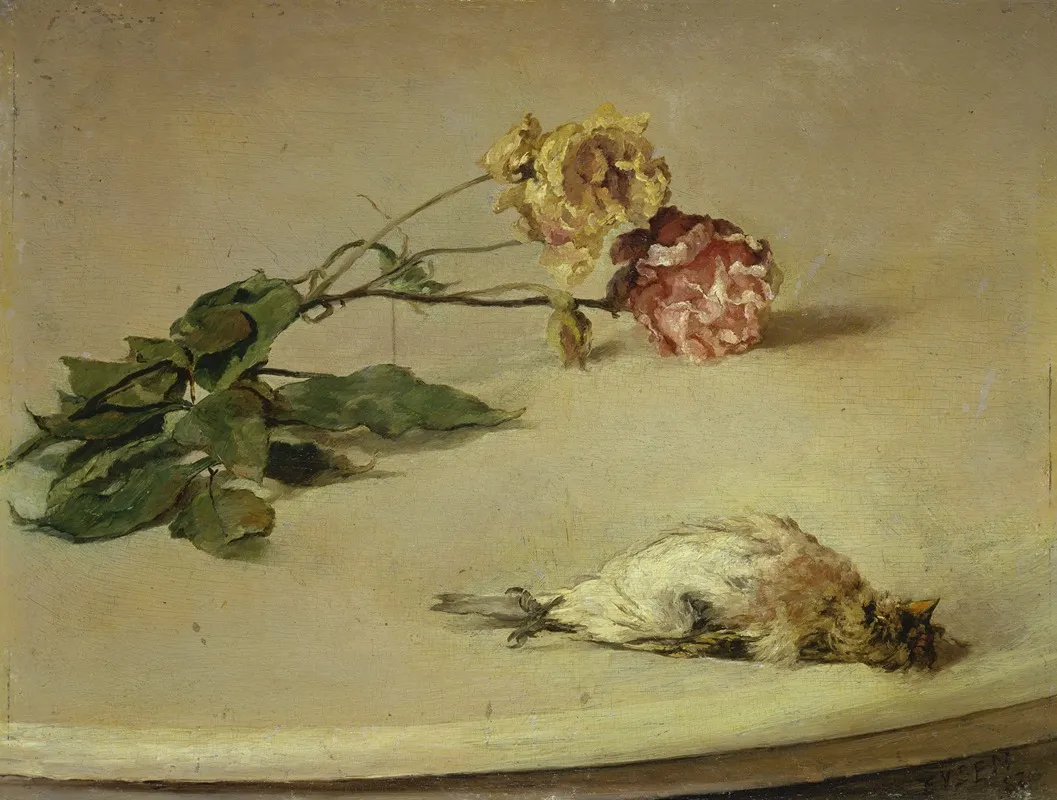 Dead Bird And Two Roses On A Table Board