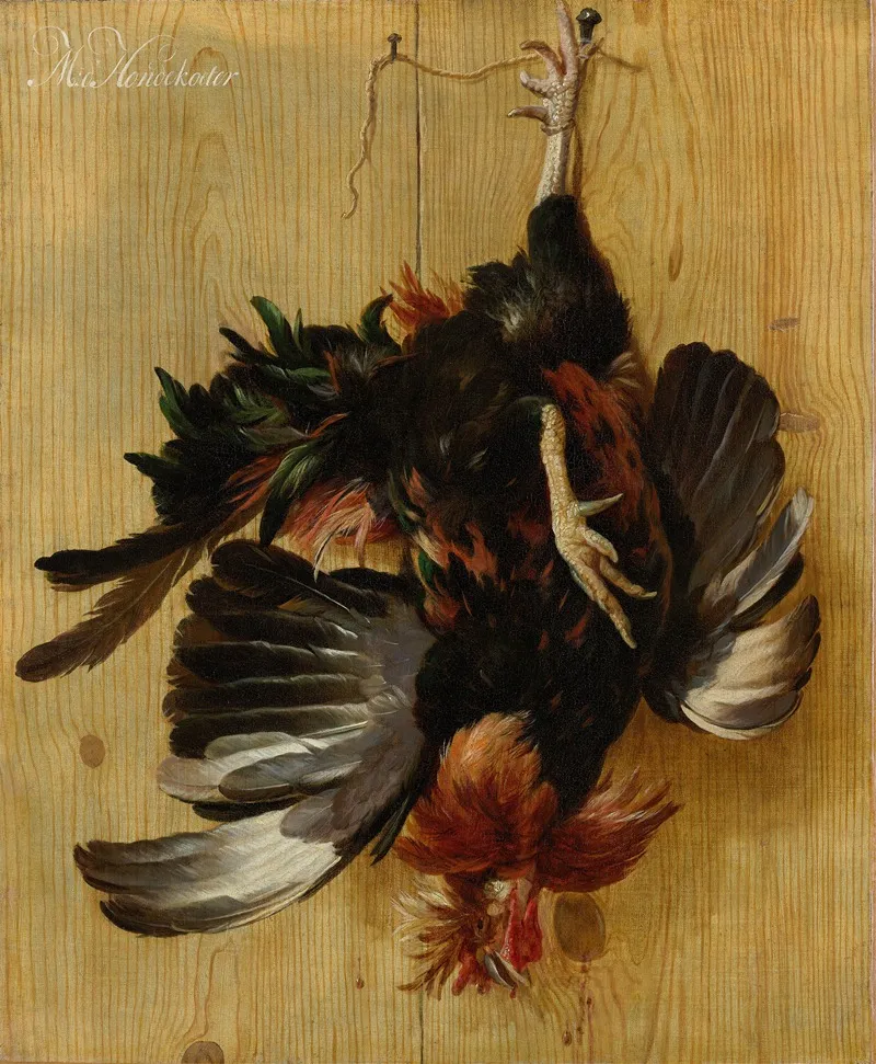 Dead Cock Hanging From A Nail Wall Art by Melchior d'Hondecoeter - High-Resolution Digital Print