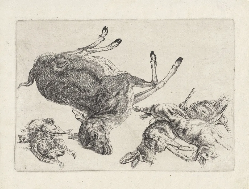 Dead Deer Lying On Its Right Side Two Dead Hares And Two Snipes At Right Three Dead Birds At Left