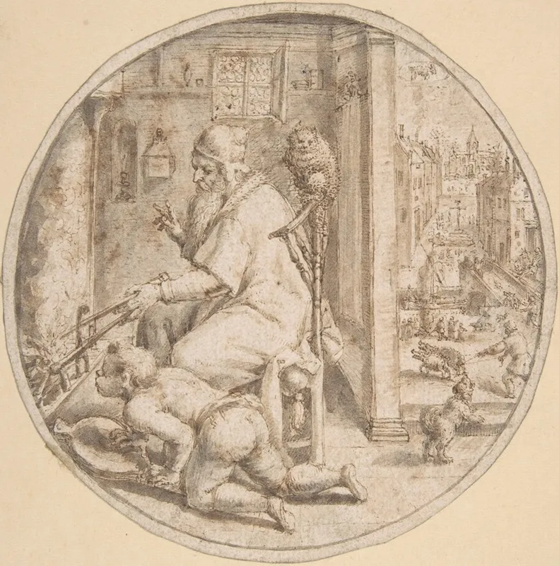 December And Old Man Seated By A Hearth With A Young Man Blowing On The Fire Wall Art by Crispijn de Passe the Elder - High-Resolution Digital Print