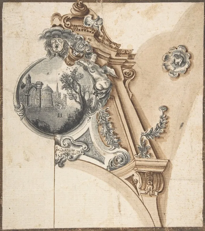 Decoration Over An Arch With A Landscape Scene In A Round Compartment Wall Art by Gaetano Galdi - High-Resolution Digital Print