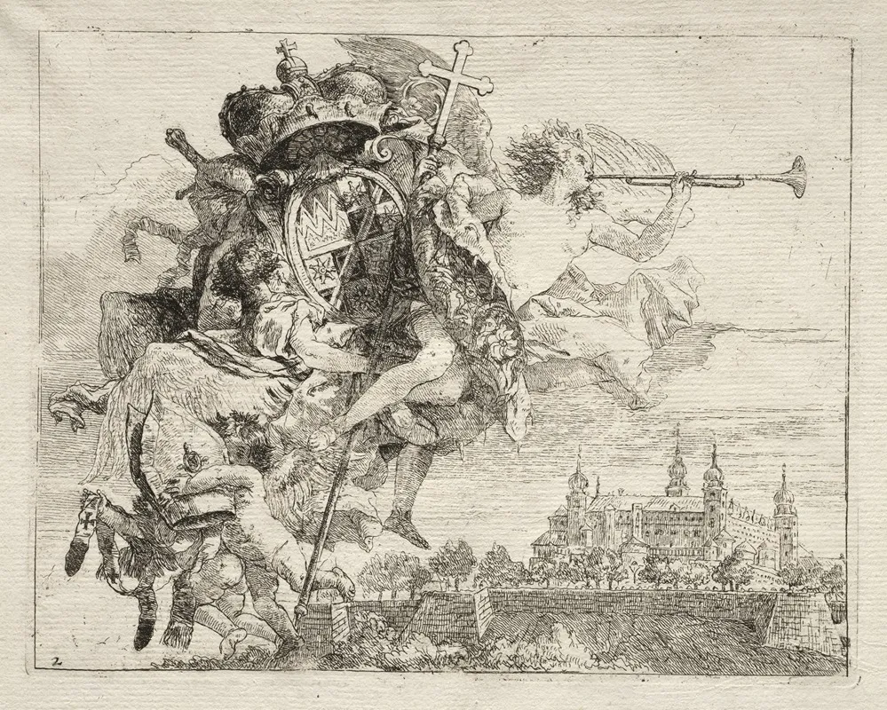 Dedication With Winged Figure Of Fame Bearing The Arms Of The Prince Bishop Of Wurzburg Wall Art by Giovanni Domenico Tiepolo - High-Resolution Digital Print