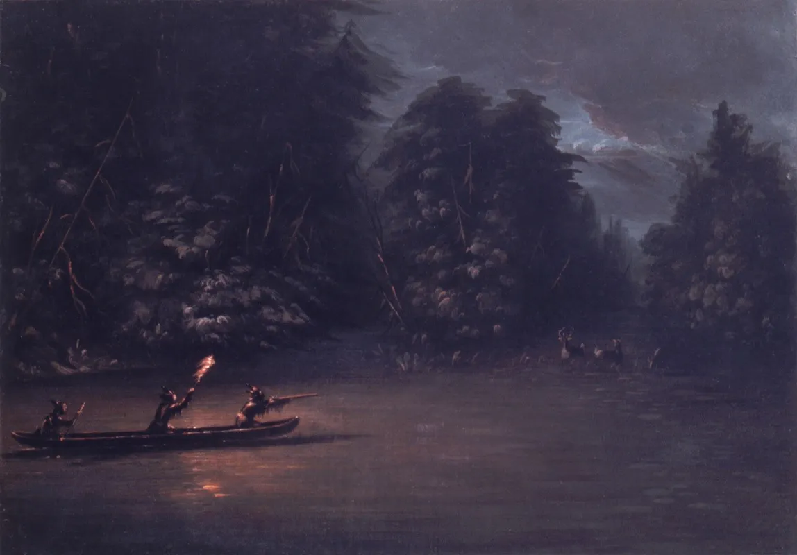Deer Hunting By Torchlight In Bark Canoes