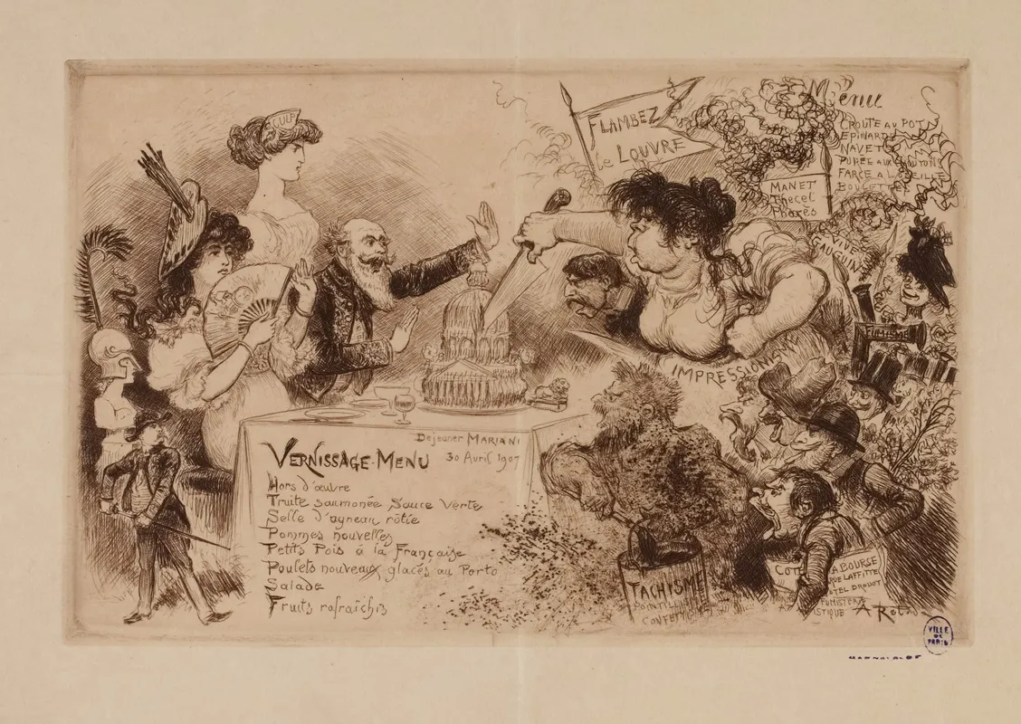 Dejeuner Mariani Le 30 Avril 1907 Vernissage Menu Wall Art by Albert Robida - High-Resolution Digital Print