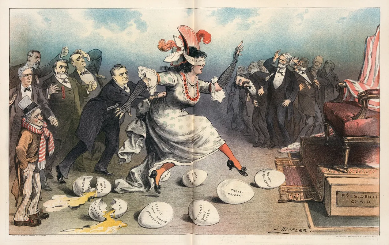 Democracys Disastrous Egg Dance Wall Art by Joseph Ferdinand Keppler - High-Resolution Digital Print