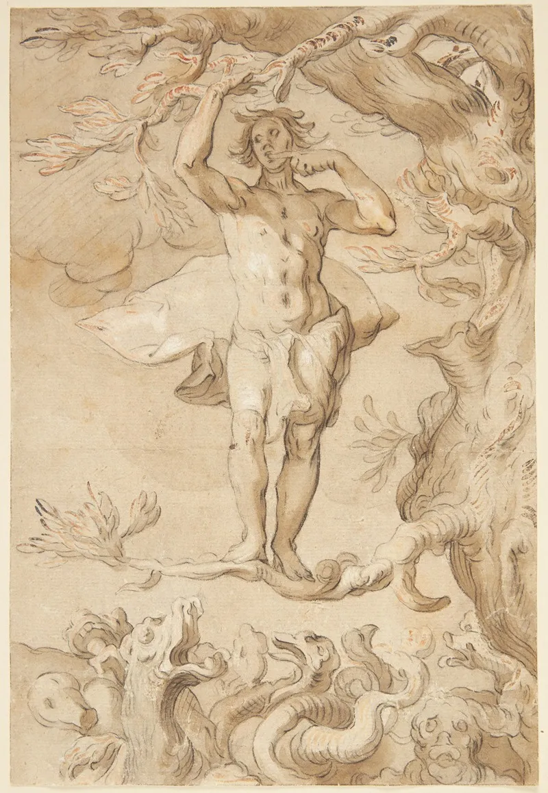 Den Menneskelige Glaedes Skrobelighed En Mand Der Jages Af En Drage Klynger Sig Til En Gren Mens Han Slikker Honning Af Sin Finger