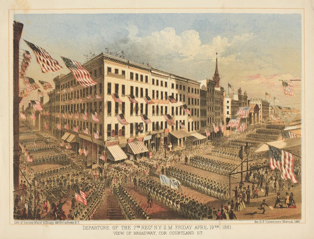 Departure Of The 7th Regt N Y S M Friday April 19thd 1861 View Of Broadway Cor Courtland St Wall Art by Sarony, Major &amp; Knapp Lith. - High-Resolution Digital Print