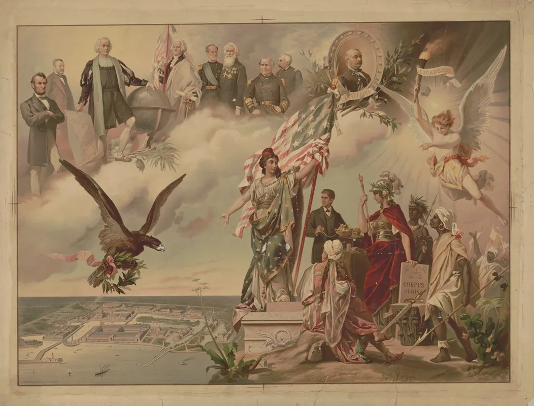 Depiction Of Chicago Worlds Fair In Lower Left Allegorical Figures On The Right Historical Figures In The Upper Center Wall Art by Rodolfo Morgari - High-Resolution Digital Print