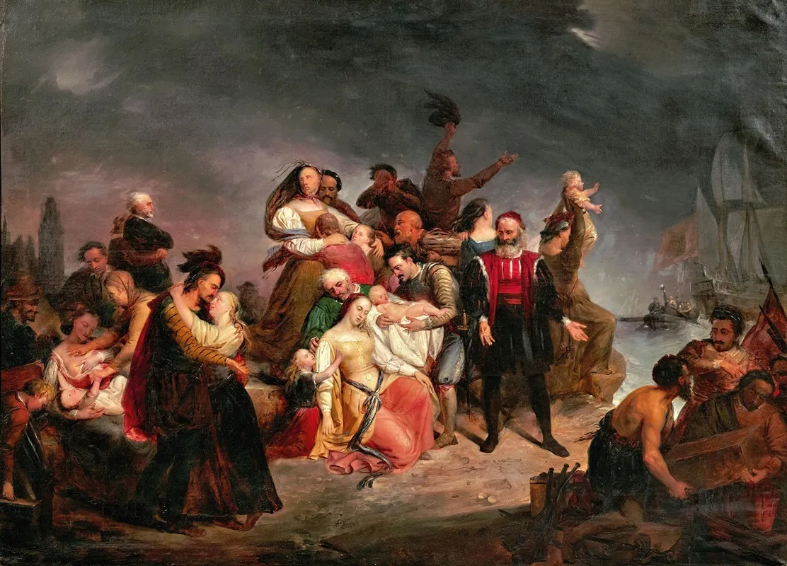 Der Abschied Nach Amerika Oder Die Einschiffung Auf Der Mayflower Wall Art by Gustaf Wappers - High-Resolution Digital Print