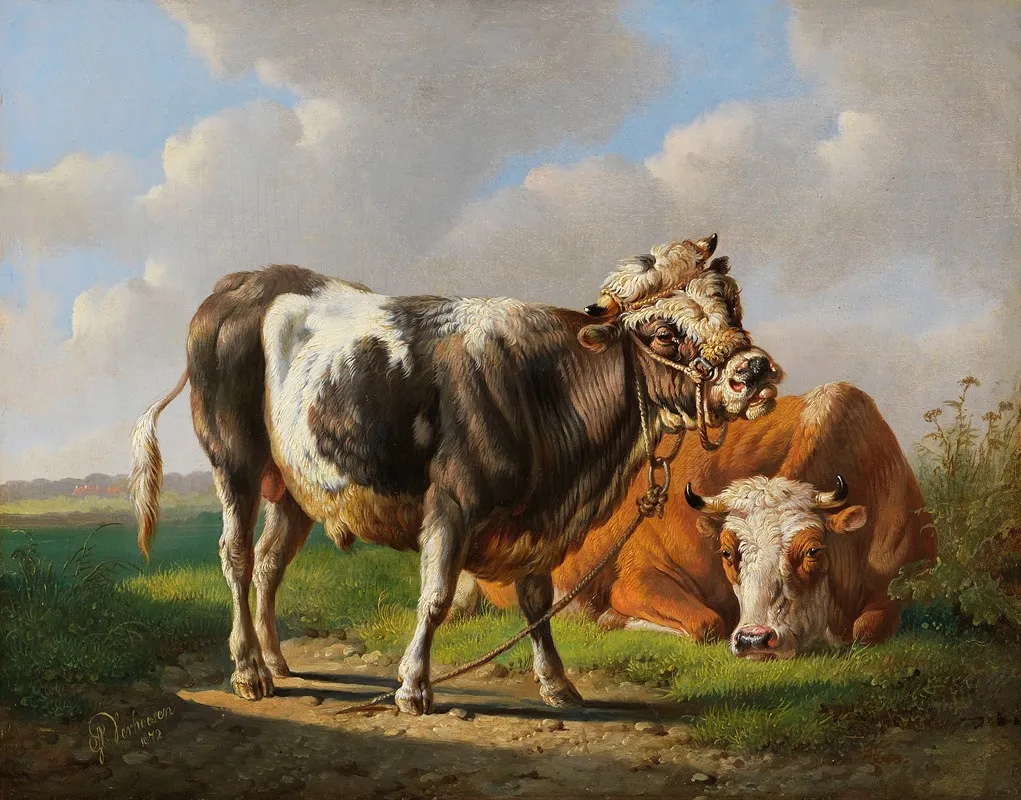 Der Angeber Junger Stier Und Liegende Kuh Wall Art by Albertus Verhoesen - High-Resolution Digital Print