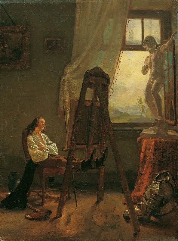 Der Eingeschlafene Maler Im Atelier Wall Art by Josef Danhauser - High-Resolution Digital Print