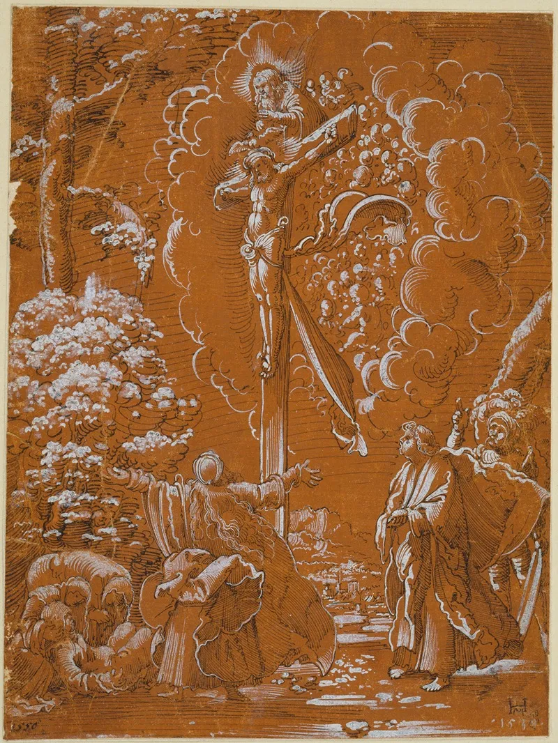 Der Gekreuzigte Christus Gottvater Und Der Heilige Geist In Einer Landschaft Mit Assistenzfiguren Wall Art by Hans Mielich - High-Resolution Digital Print