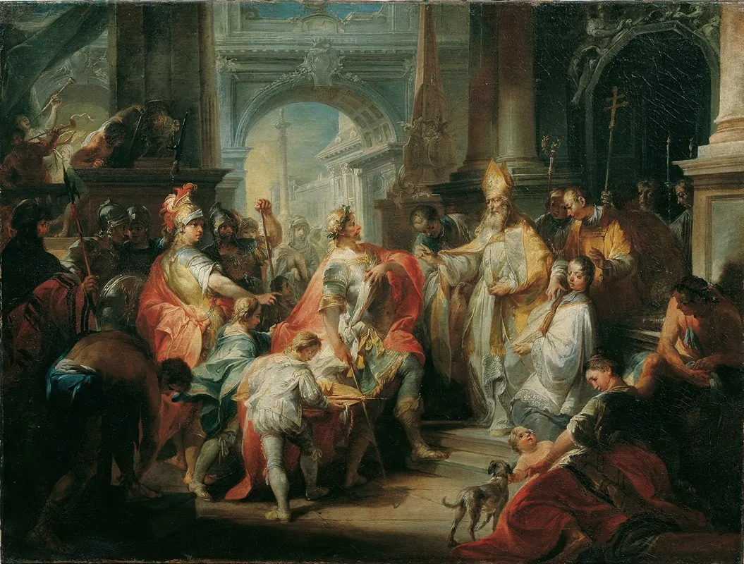Der Heilige Ambrosius Verwehrt Kaiser Theodosius Den Eintritt In Den Mailander Dom Wall Art by Johann Wolfgang Baumgartner - High-Resolution Digital Print