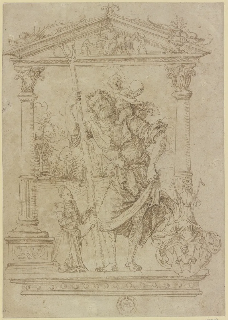 Der Heilige Christophorus Mit Kniendem Stifter In Renaissance Umrahmung