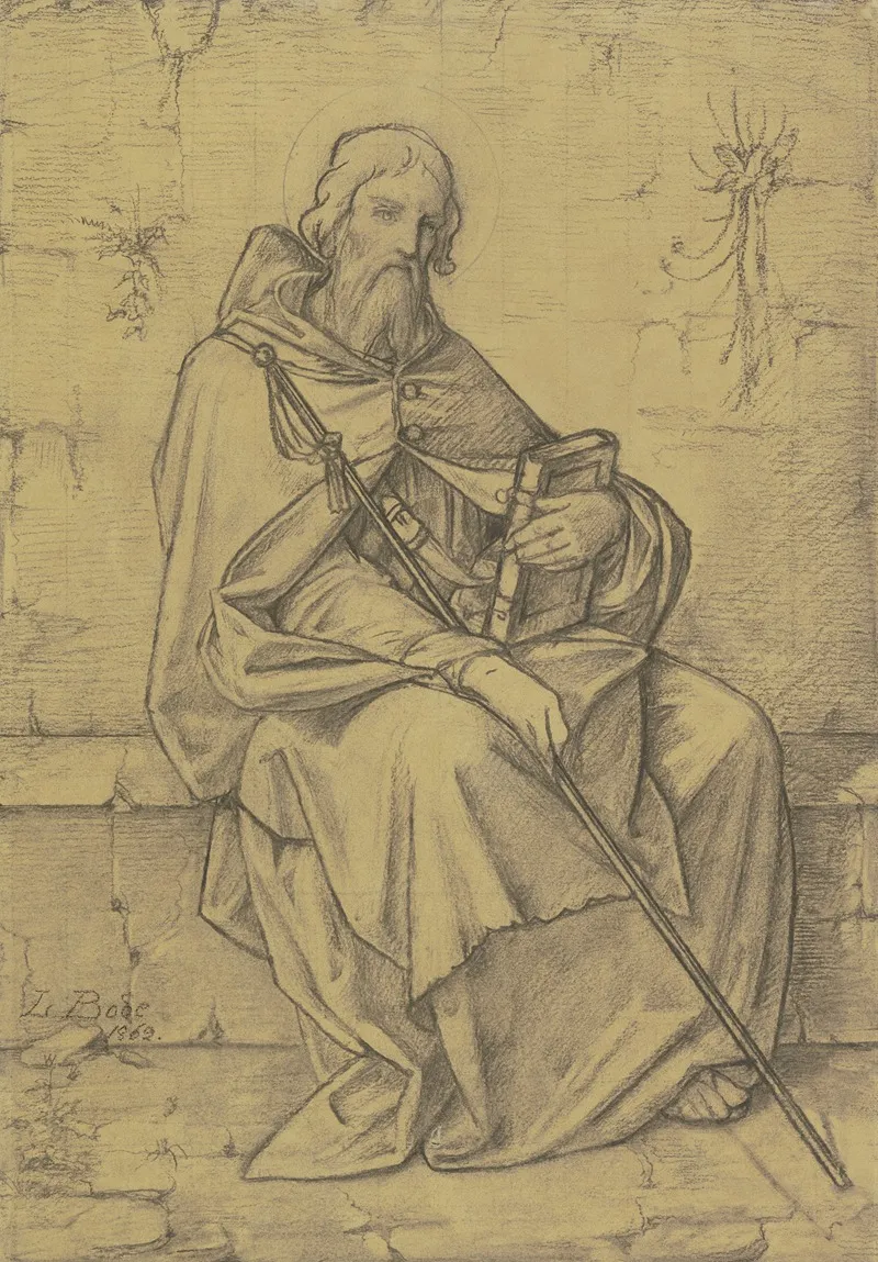 Der Heilige Thomas Von Aquin In Ganzer Figur An Alten Gemauern Sitzend