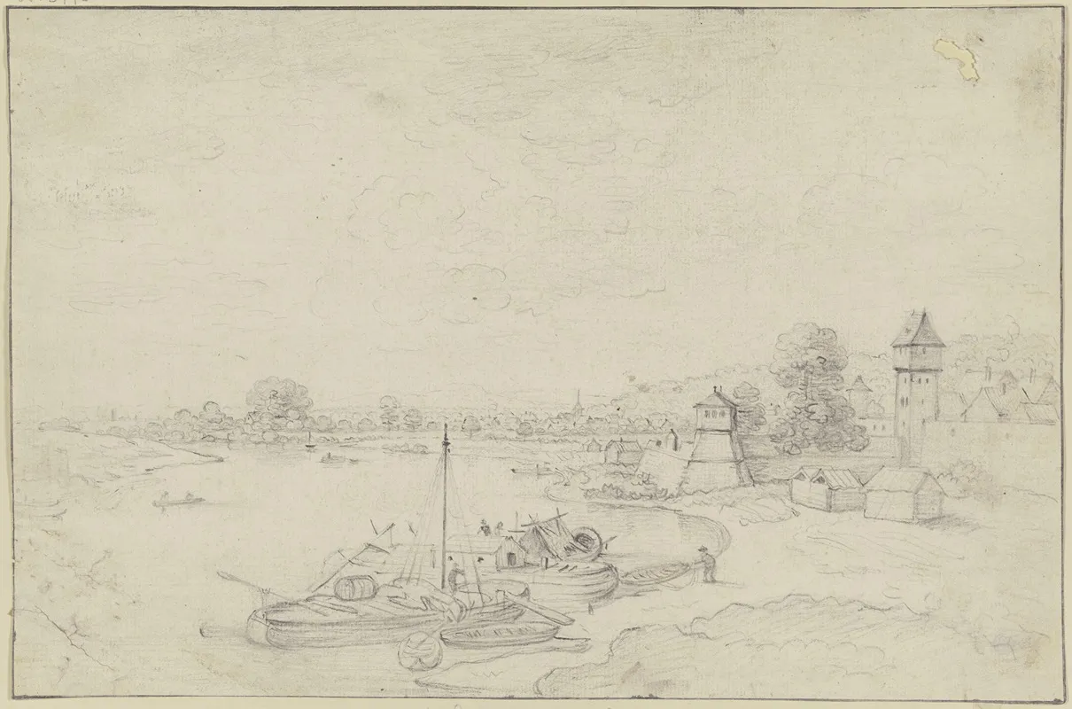Der Main Bei Sachsenhausen Rechts Die Stadtmauer Im Vordergrund Boote Wall Art by Franz Schütz - High-Resolution Digital Print