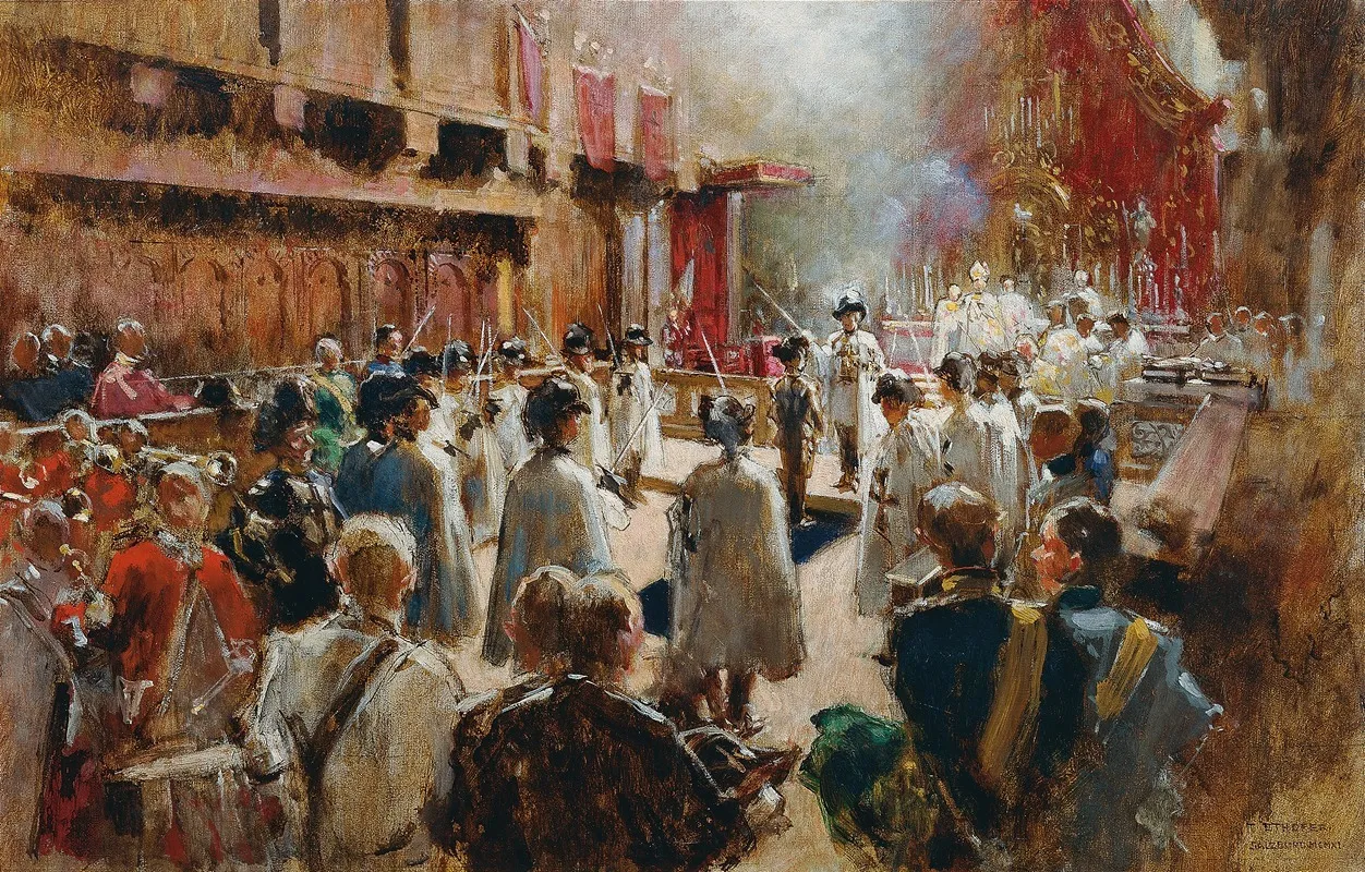 Der Ritterschlag Des Grafen Boos Waldeck Durch Den Grosmeister Des Deutschen Ritterordens Erzherzog Eugen In Der Hofkirche In Innsbruck Wall Art by Theodor Josef Ethofer - High-Resolution Digital Print