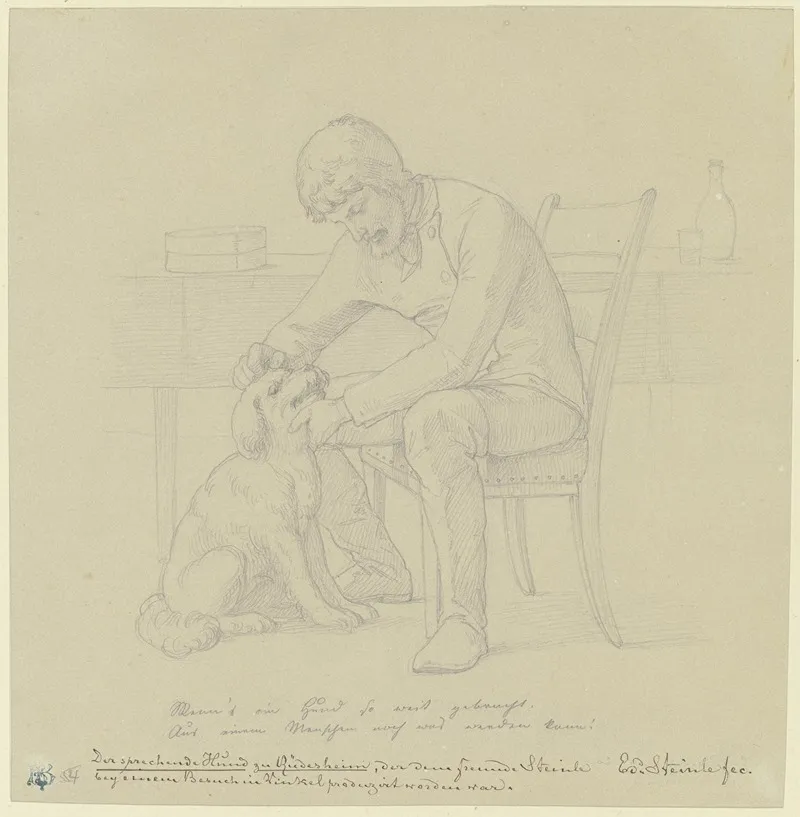 Der Sprechende Hund Zu Rudesheim Ein Mann Mit Dem Hund An Einem Tisch Sitzend Wall Art by Eduard von Steinle - High-Resolution Digital Print