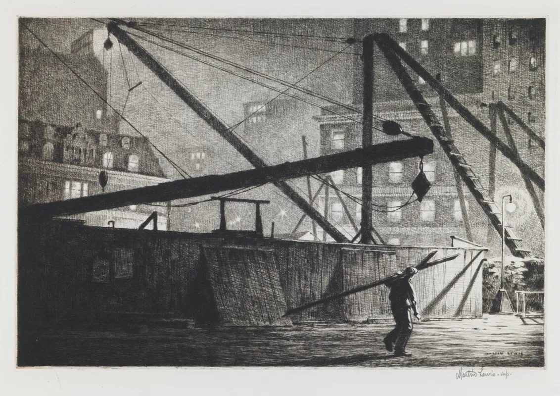 Derricks At Night Wall Art by Martin Lewis - High-Resolution Digital Print