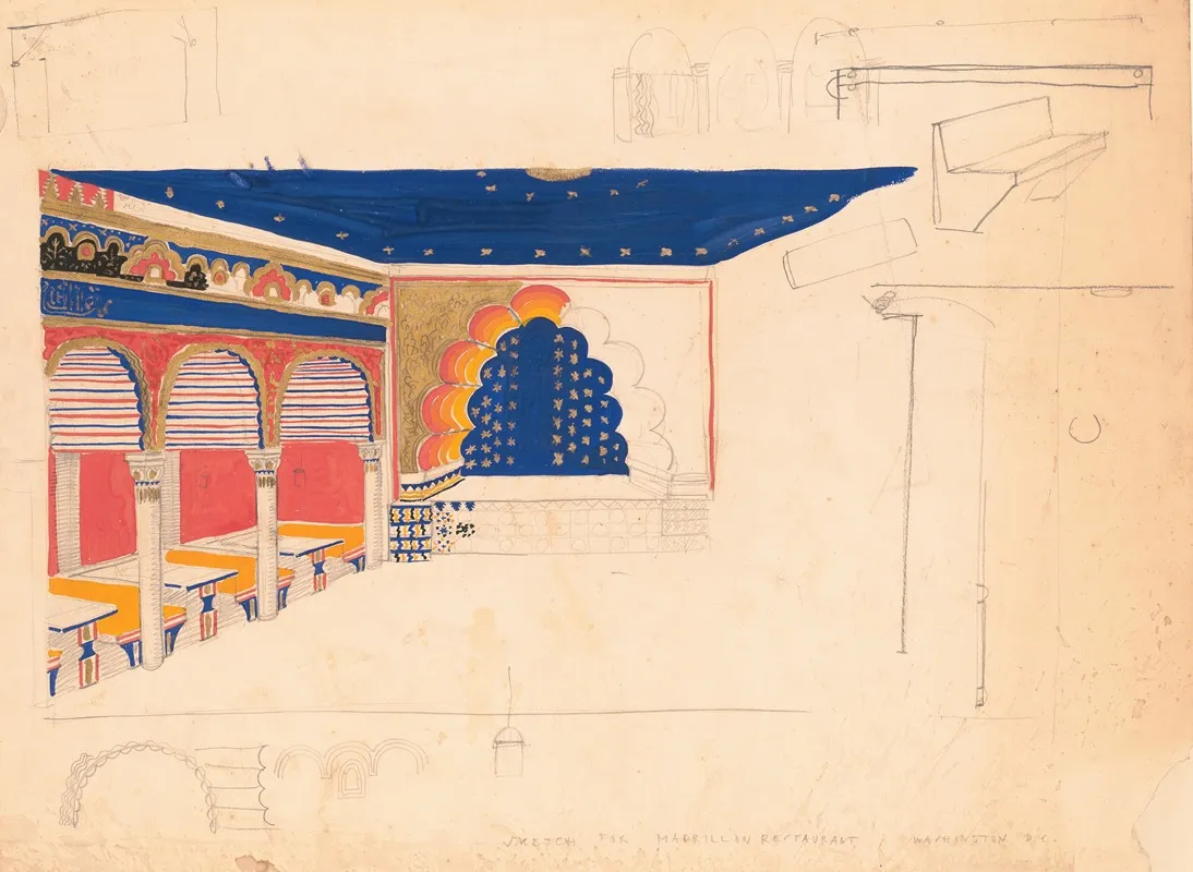 Design Drawing For A Restaurant Madrillon Restaurant Washington D C Interior Perspective Of Arcade And Stage Wall Art by Winold Reiss - High-Resolution Digital Print